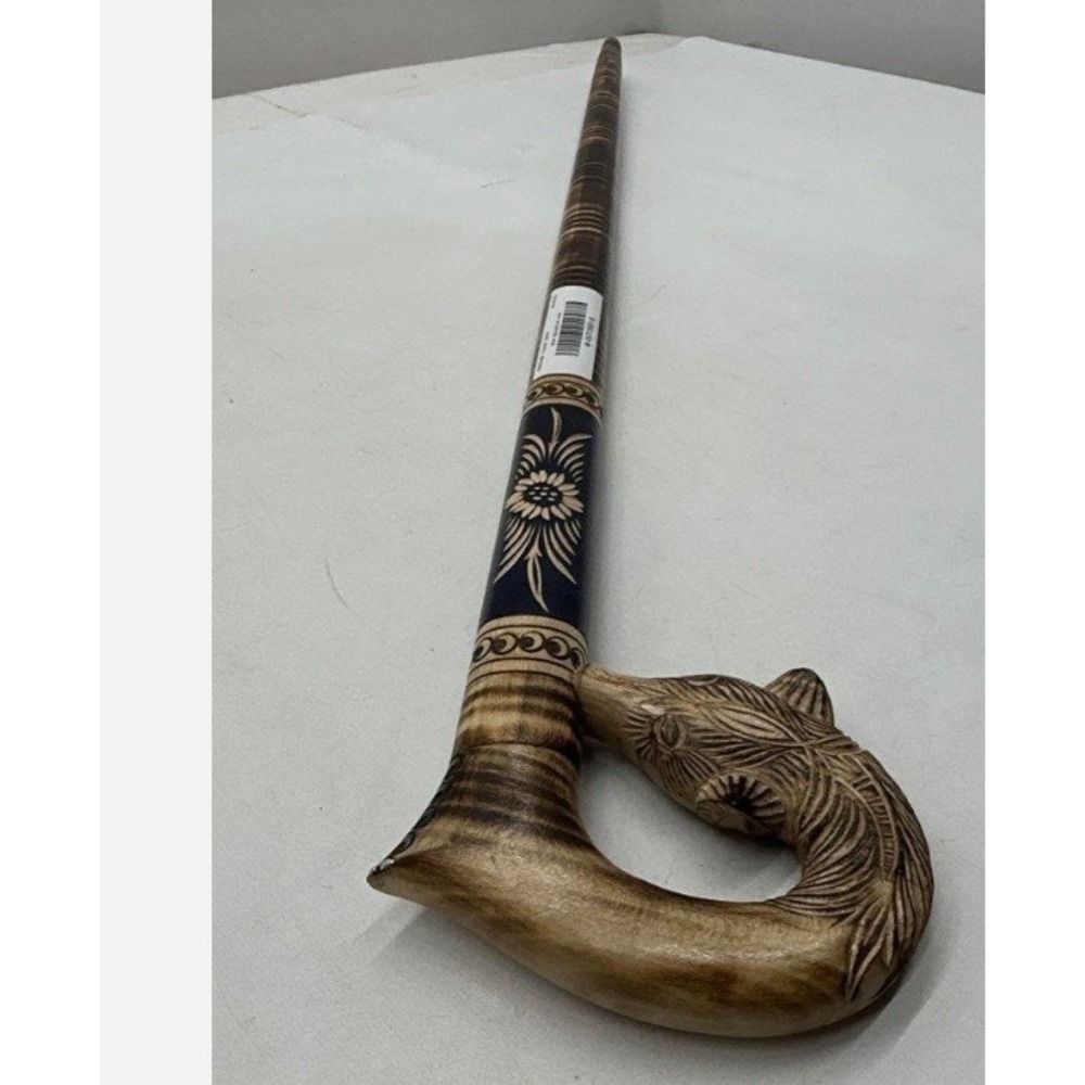 Hand Carved Wooden Walking Cane Engraved Flower Fish Loop Handle 25"Brown